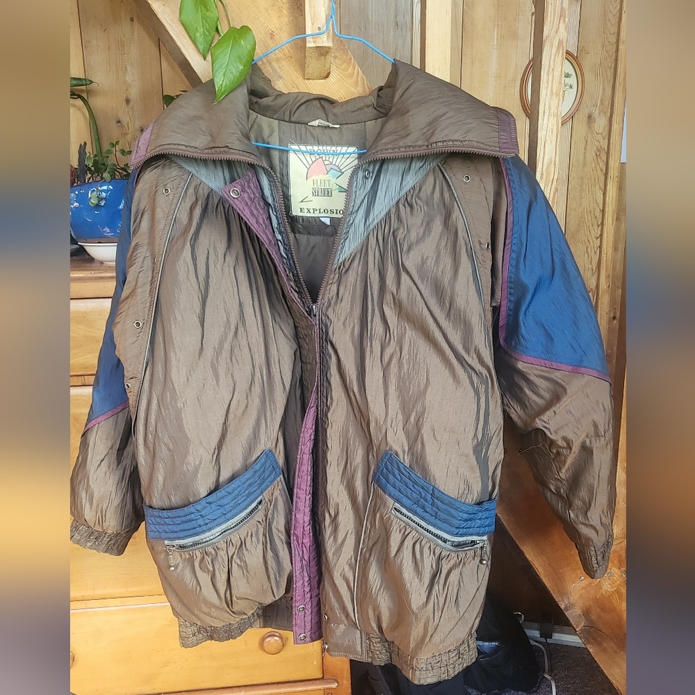 80's/90's Fleet Street Down Explosion brown, purple and blue puffer jacket